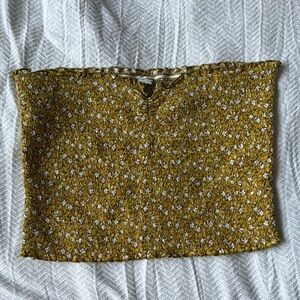 Aerie Yellow Floral Smocked Fitted Strapless Crop Top